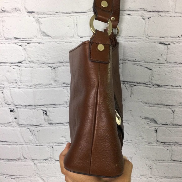 Etienne Aigner Brown Genuine Leather Color Block Zippered Small Shoulder Bag - Picture 7 of 12